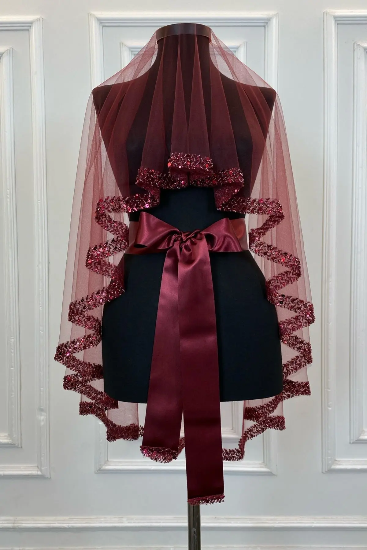 Bordo Zarif Gelin Duvak Seti, Su Taşlı Kına Duvağı Seti 6 Parça, Pul Payet