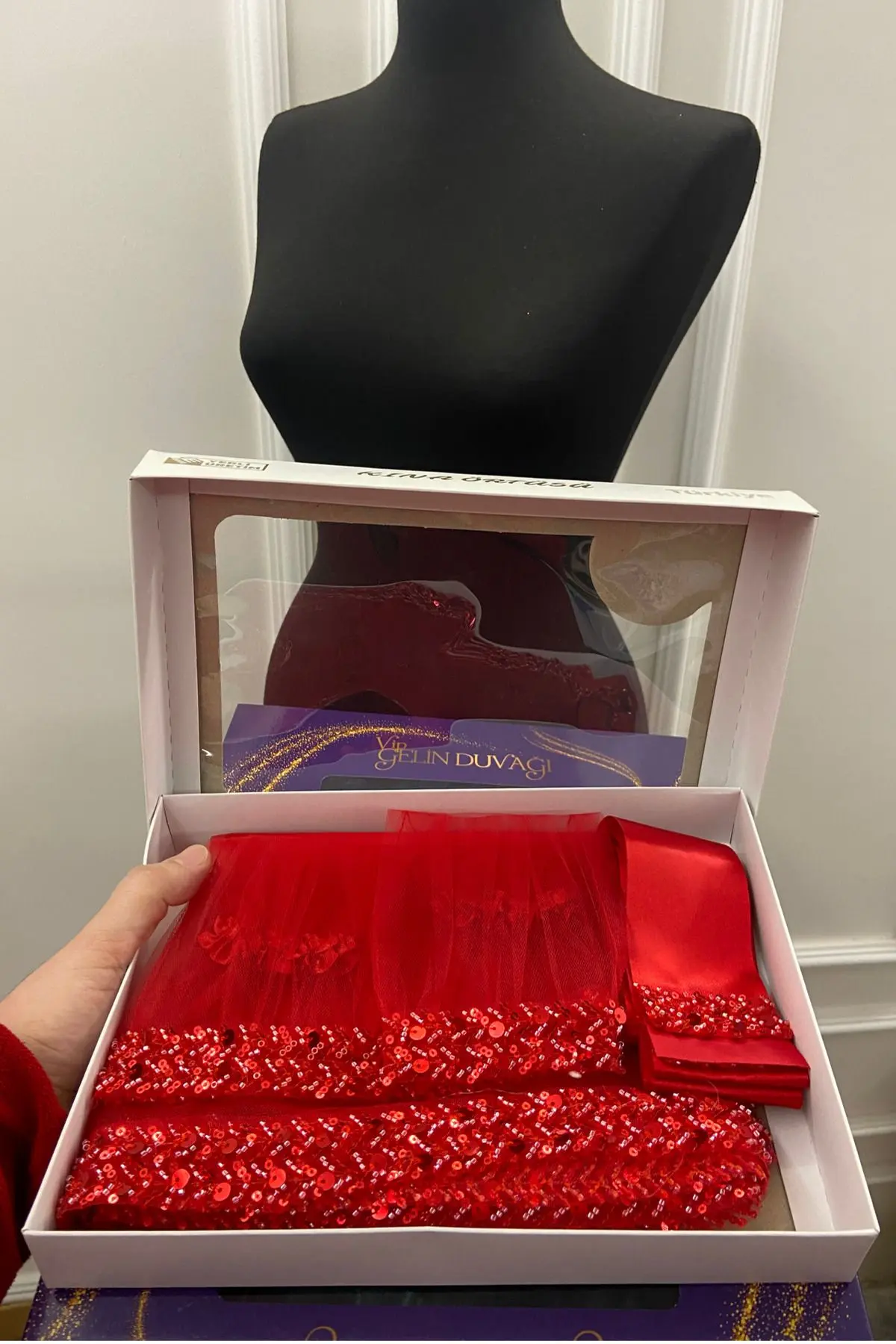 Kırmızı Zarif Gelin Duvak Seti, Su Taşlı Kına Duvağı Seti 6 Parça