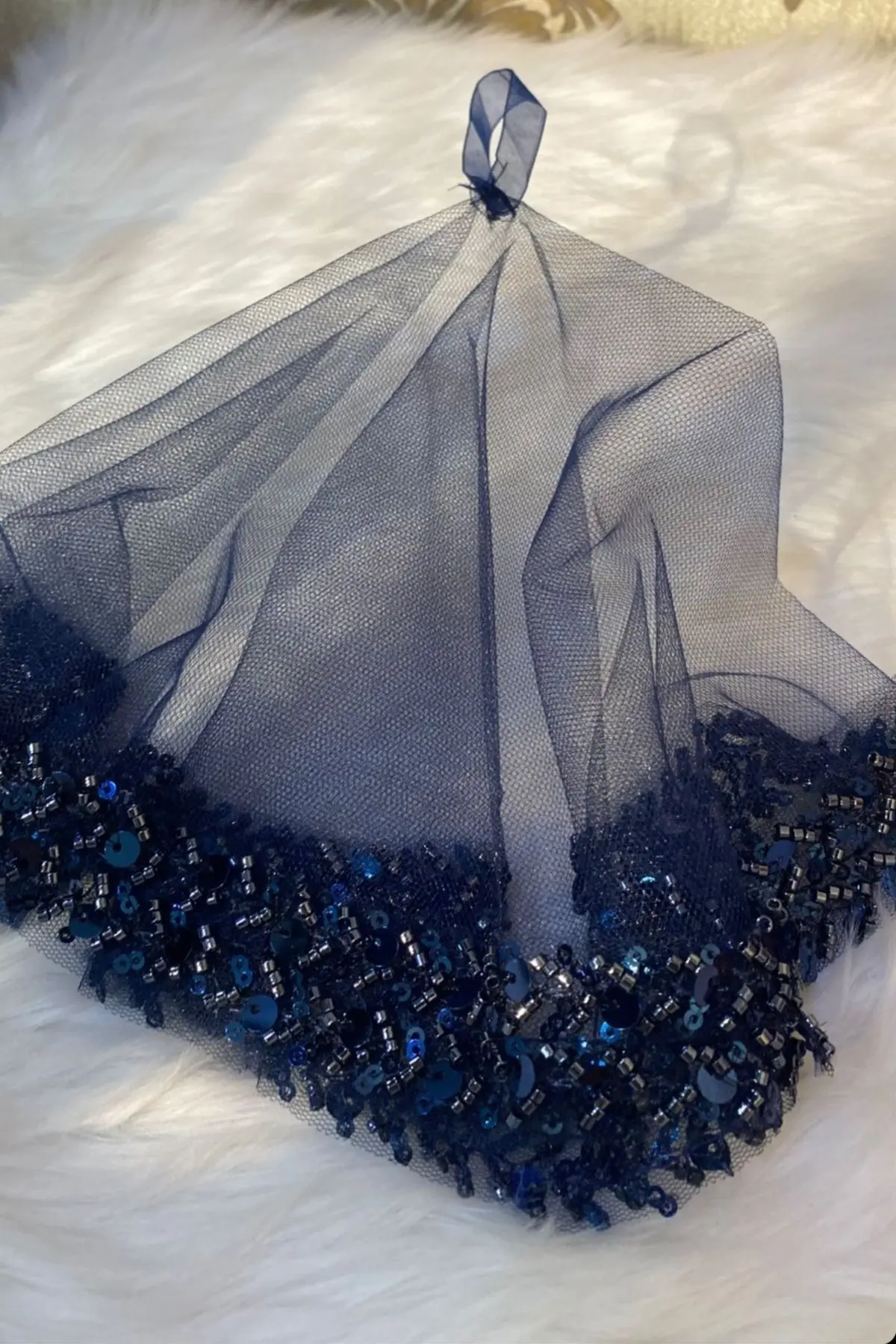 Lacivert Gelin Mendili, Halay El Mendili, Zarif Su Taşlı Pullu Boncuklu Pul Payet