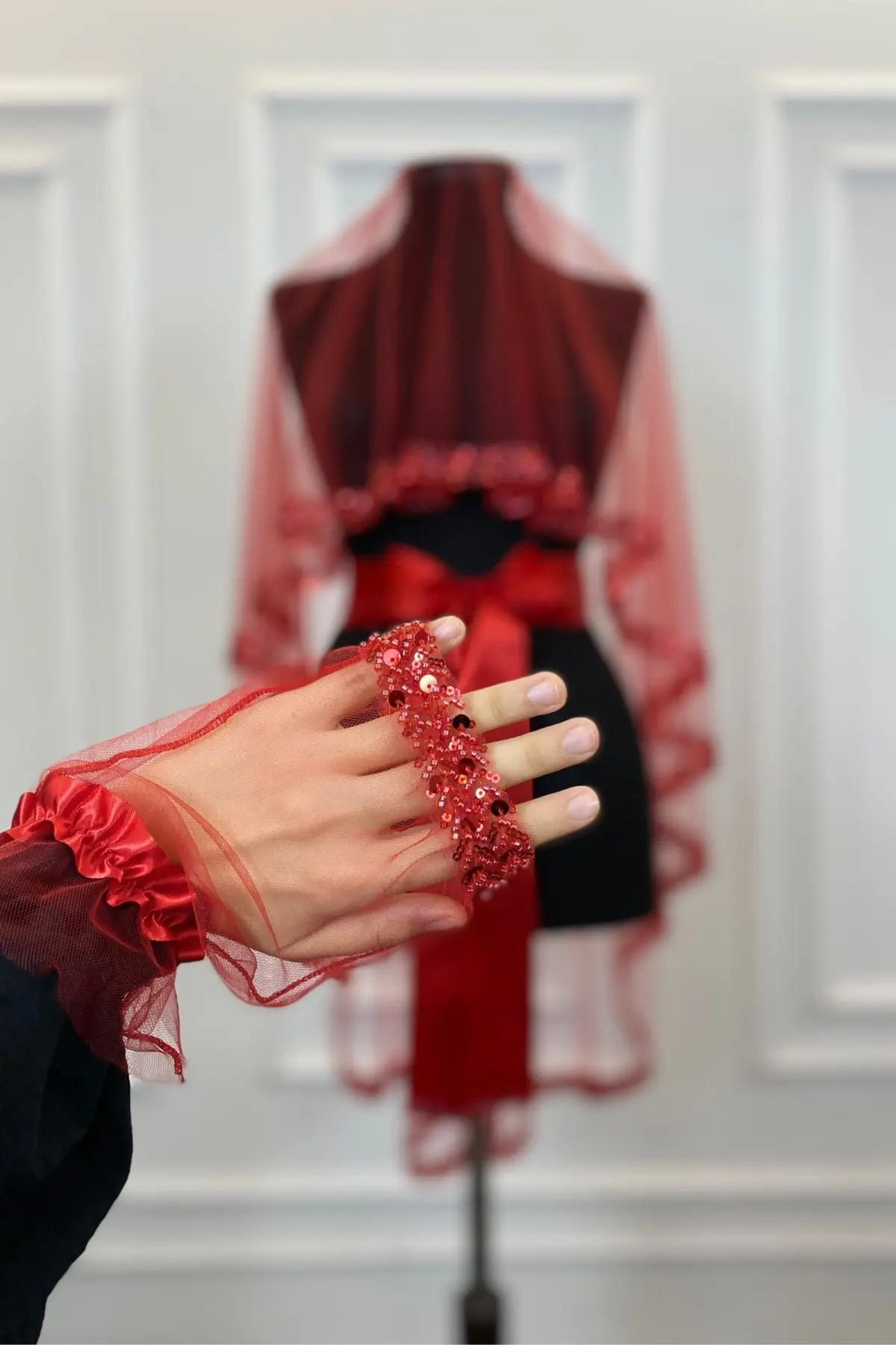 Kırmızı Zarif Gelin Duvak Seti, Su Taşlı Kına Duvağı Seti 6 Parça