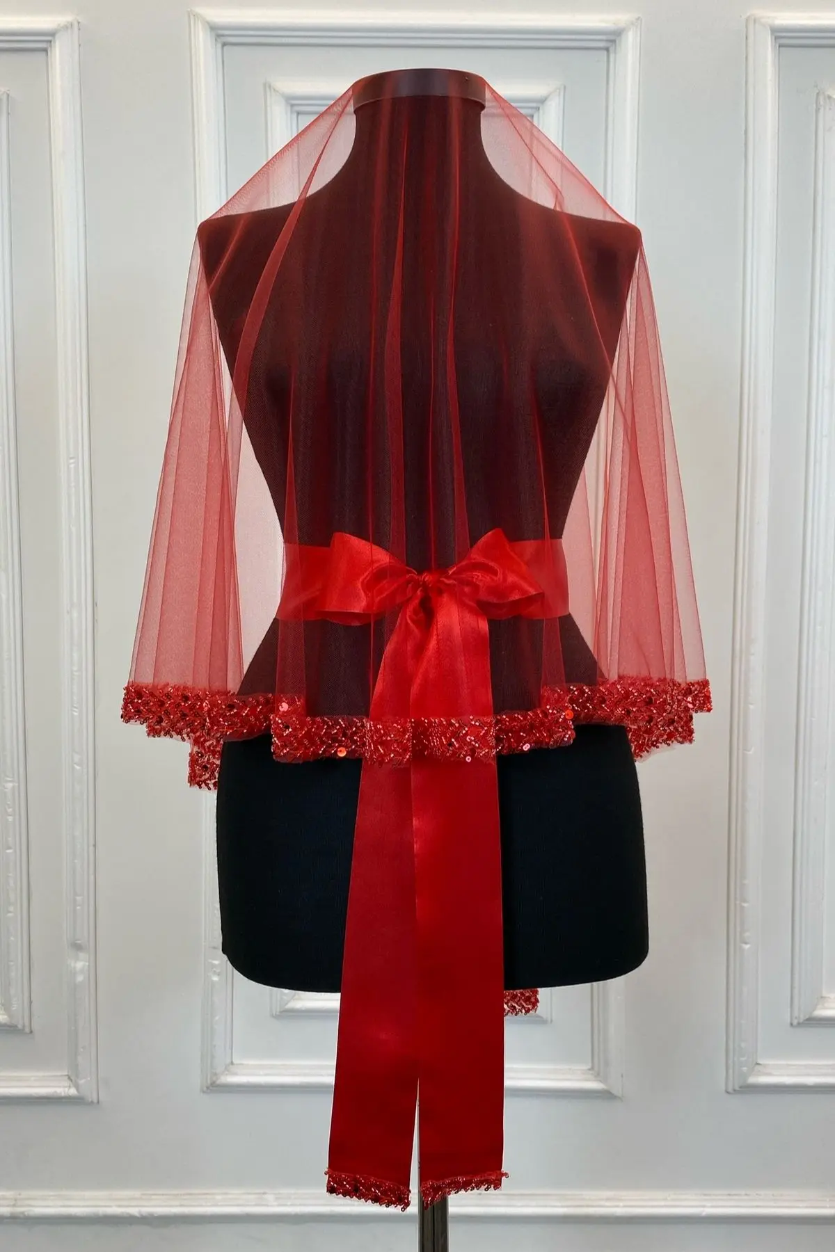 Kırmızı Zarif Gelin Duvak Seti, Su Taşlı Kına Duvağı Seti 6 Parça