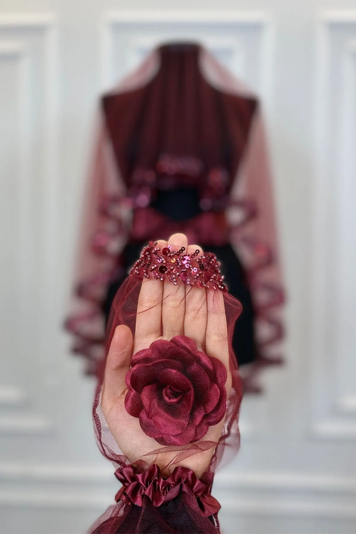 Bordo Zarif Gelin Duvak Seti, Su Taşlı Kına Duvağı Seti 6 Parça, Pul Payet