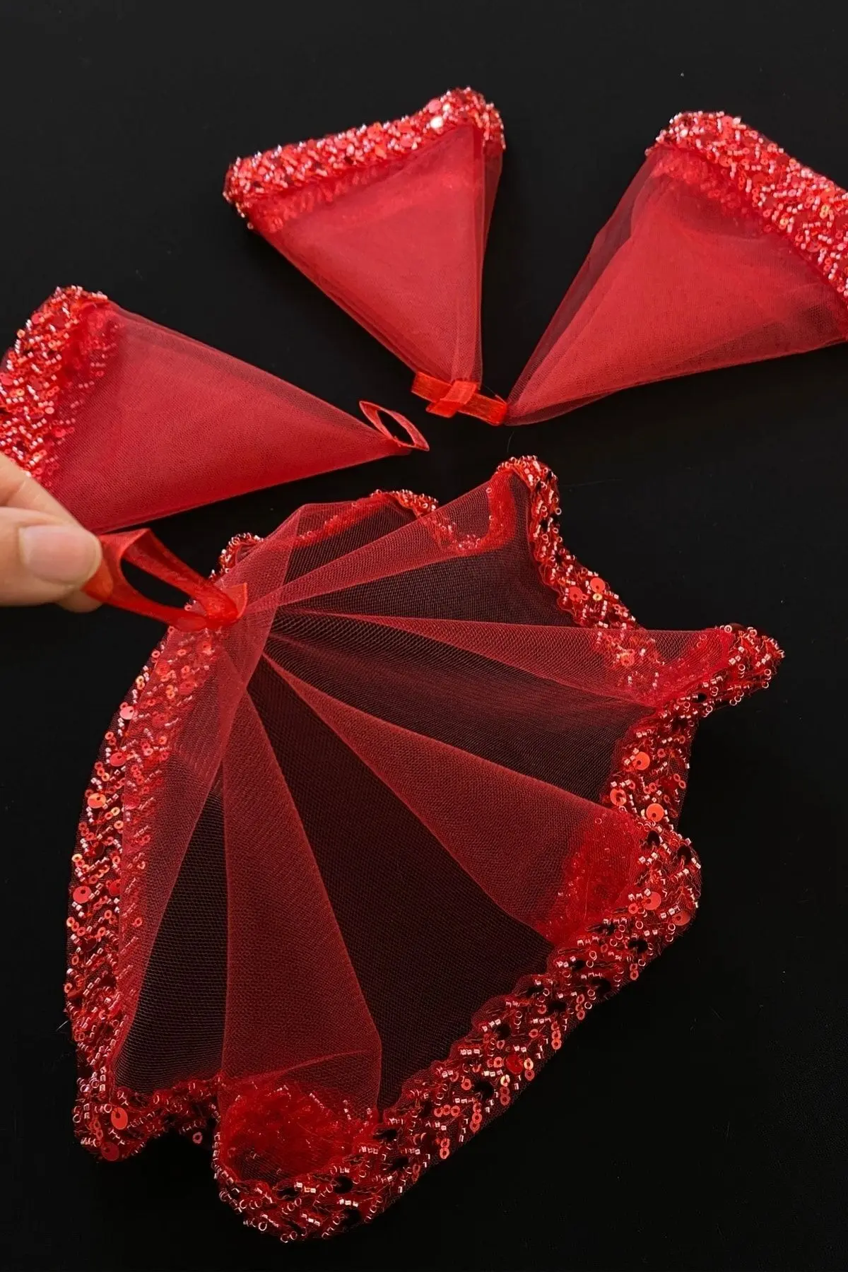 Kırmızı Gelin Mendili, Halay El Mendili, Zarif Su Taşlı Pullu Boncuklu Pul Payet