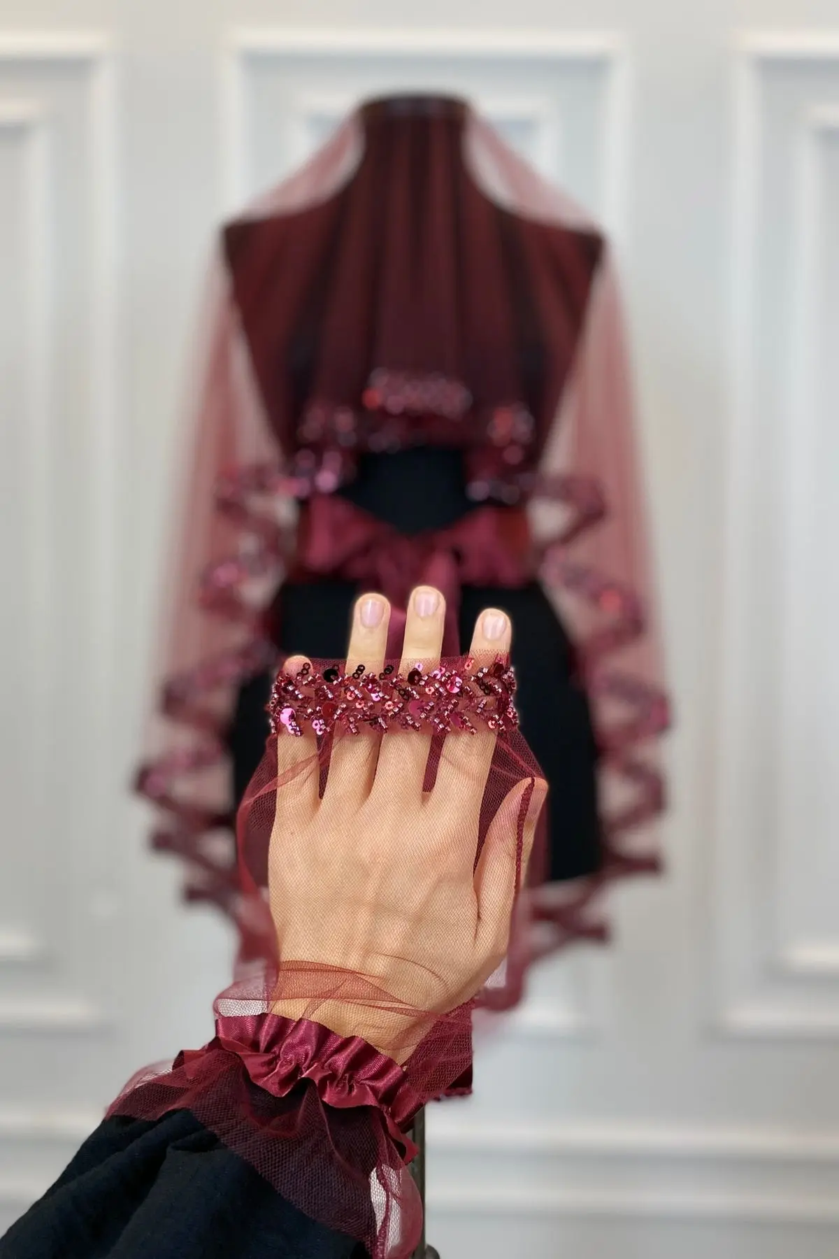 Bordo Zarif Gelin Duvak Seti, Su Taşlı Kına Duvağı Seti 6 Parça, Pul Payet