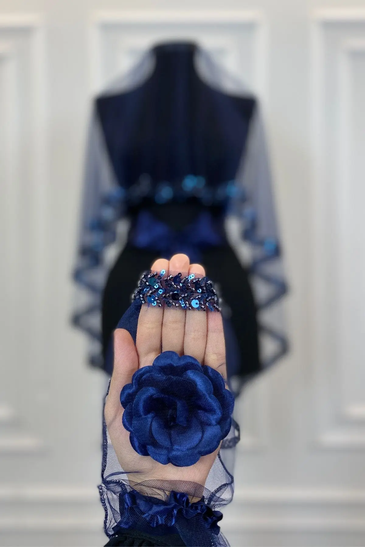 Lacivert Zarif Gelin Duvak Seti, Su Taşlı Kına Duvağı Seti 6 Parça