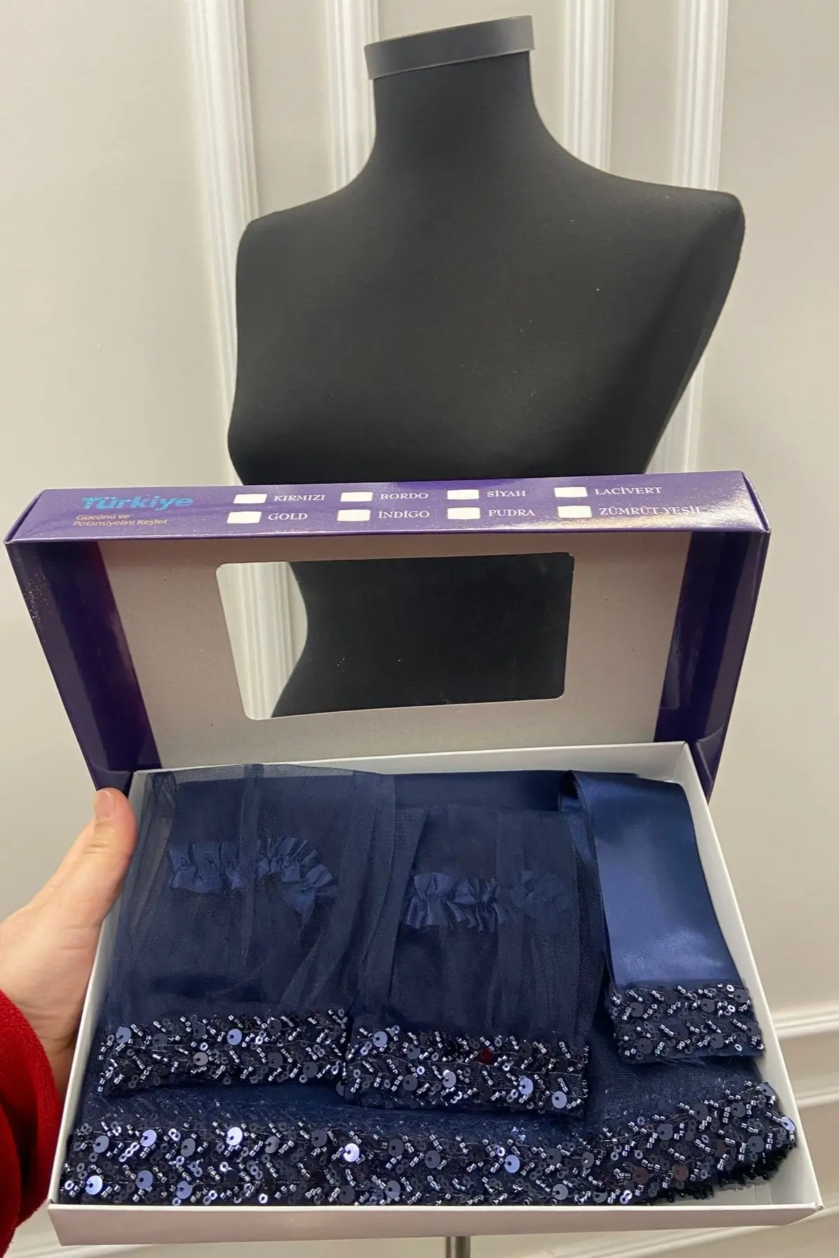 Lacivert Zarif Gelin Duvak Seti, Su Taşlı Kına Duvağı Seti 6 Parça