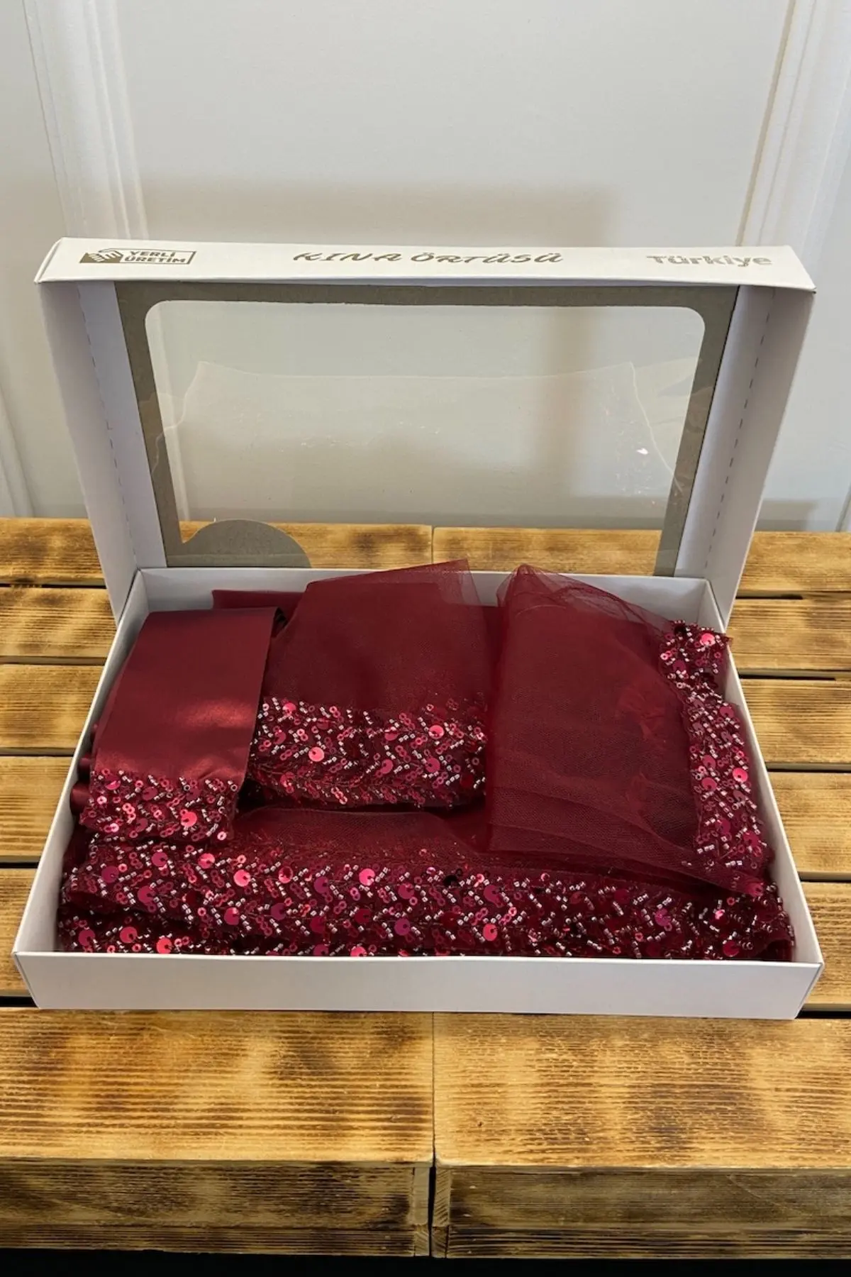 Bordo Zarif Gelin Duvak Seti, Su Taşlı Kına Duvağı Seti 6 Parça, Pul Payet