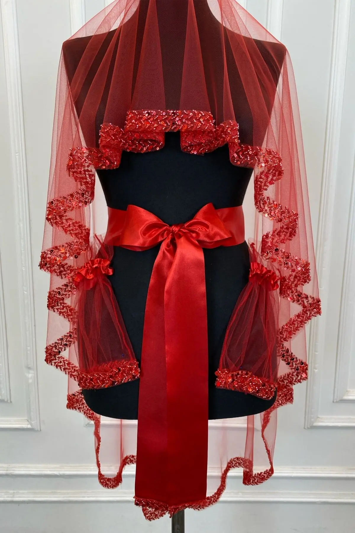 Kırmızı Zarif Gelin Duvak Seti, Su Taşlı Kına Duvağı Seti 6 Parça