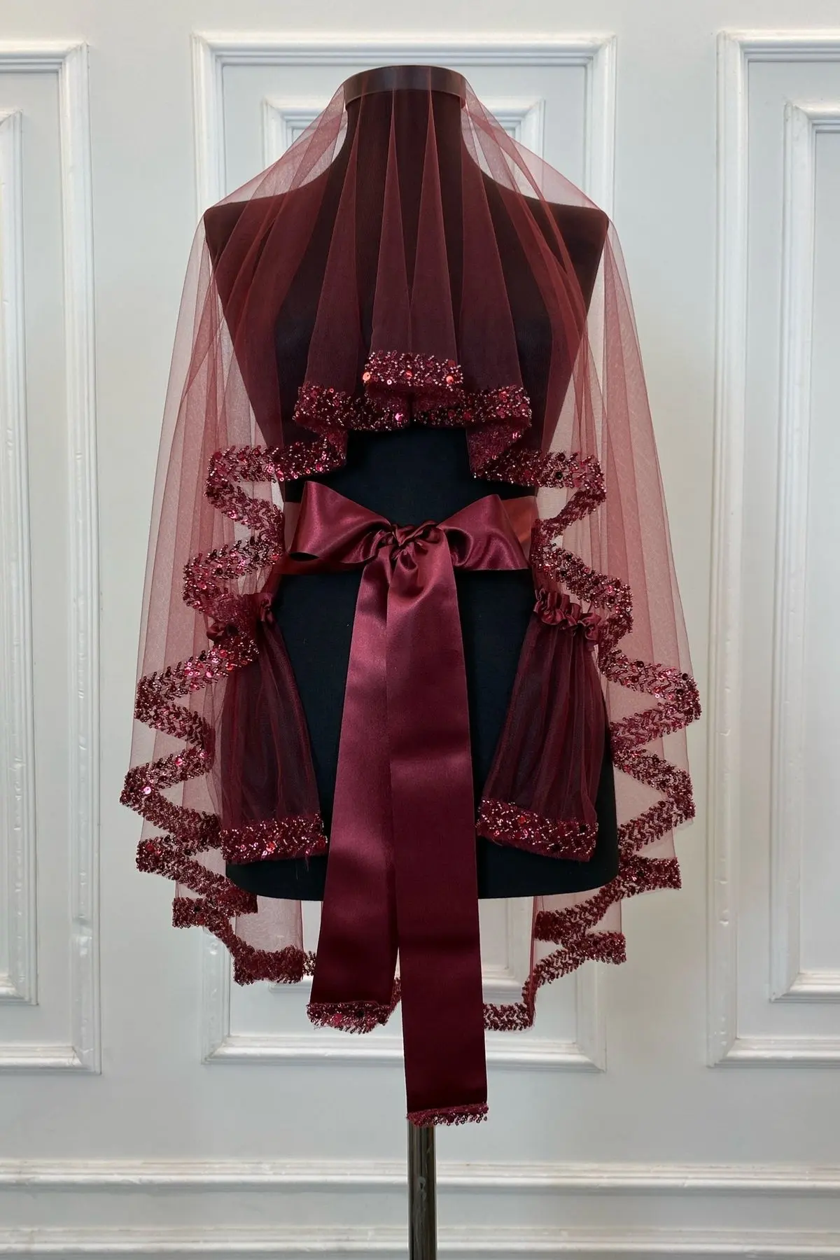 Bordo Zarif Gelin Duvak Seti, Su Taşlı Kına Duvağı Seti 6 Parça, Pul Payet