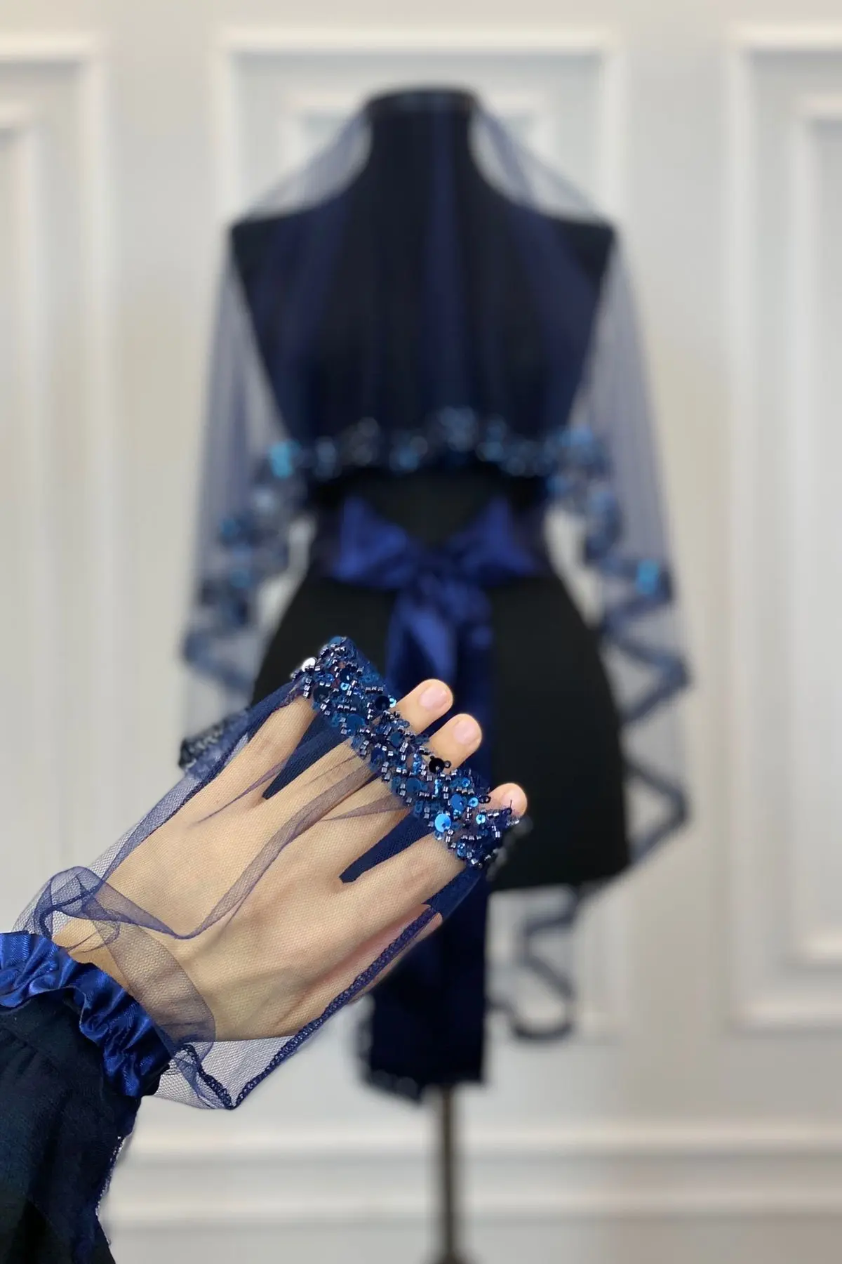 Lacivert Zarif Gelin Duvak Seti, Su Taşlı Kına Duvağı Seti 6 Parça