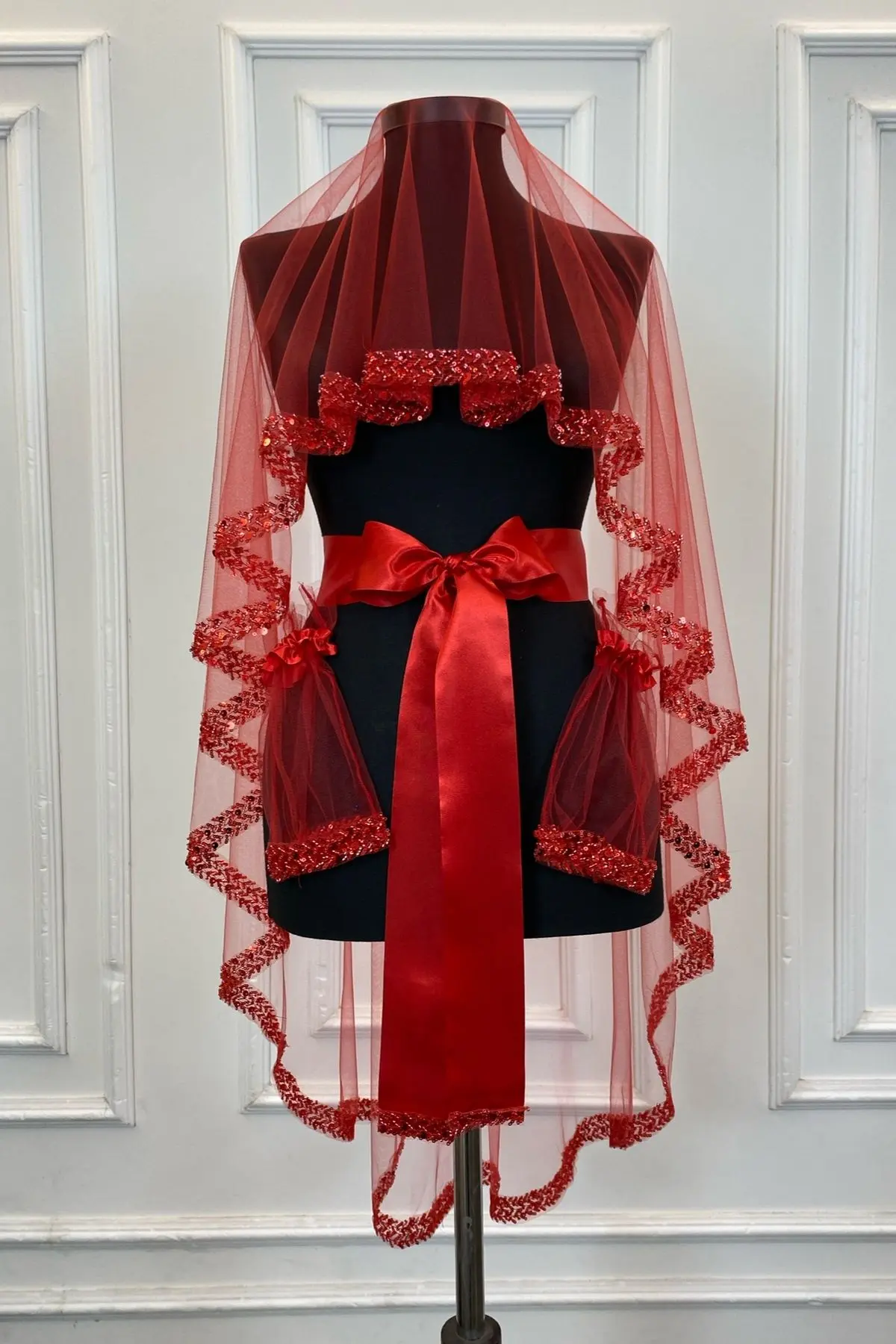 Kırmızı Zarif Gelin Duvak Seti, Su Taşlı Kına Duvağı Seti 6 Parça