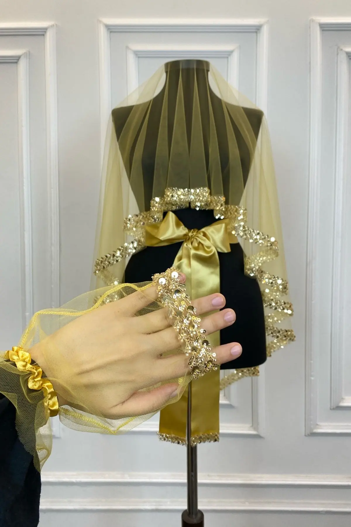 Gold Zarif Gelin Duvak Seti, Su Taşlı Pul Payet Kına Duvağı Seti 6 Parça