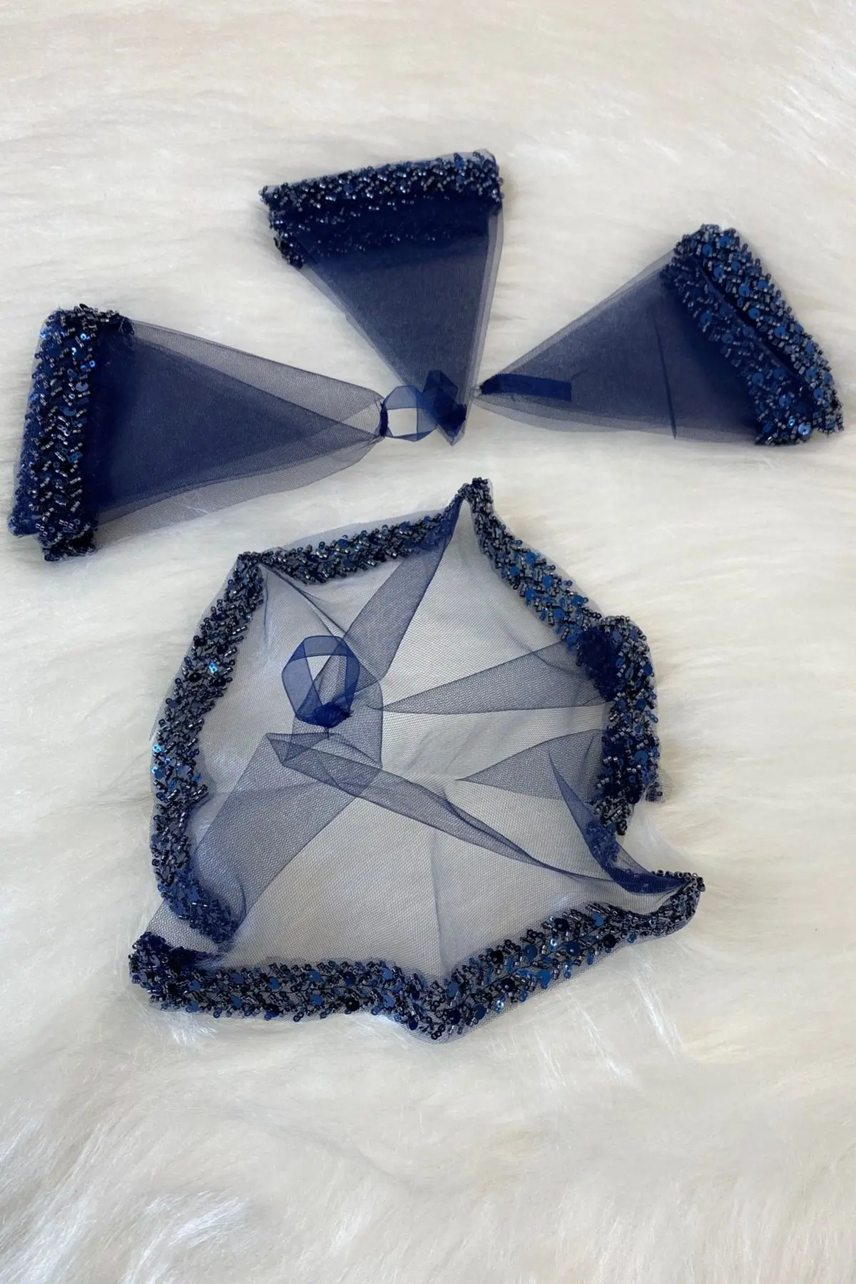 Lacivert Gelin Mendili, Halay El Mendili, Zarif Su Taşlı Pullu Boncuklu Pul Payet