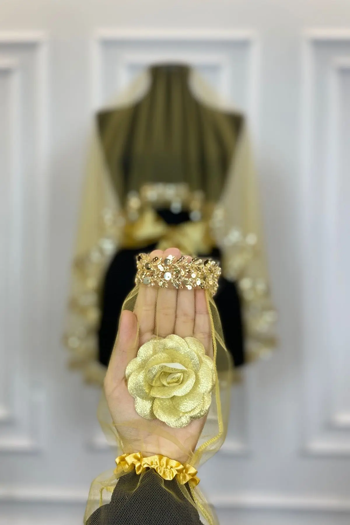 Gold Zarif Gelin Duvak Seti, Su Taşlı Pul Payet Kına Duvağı Seti 6 Parça