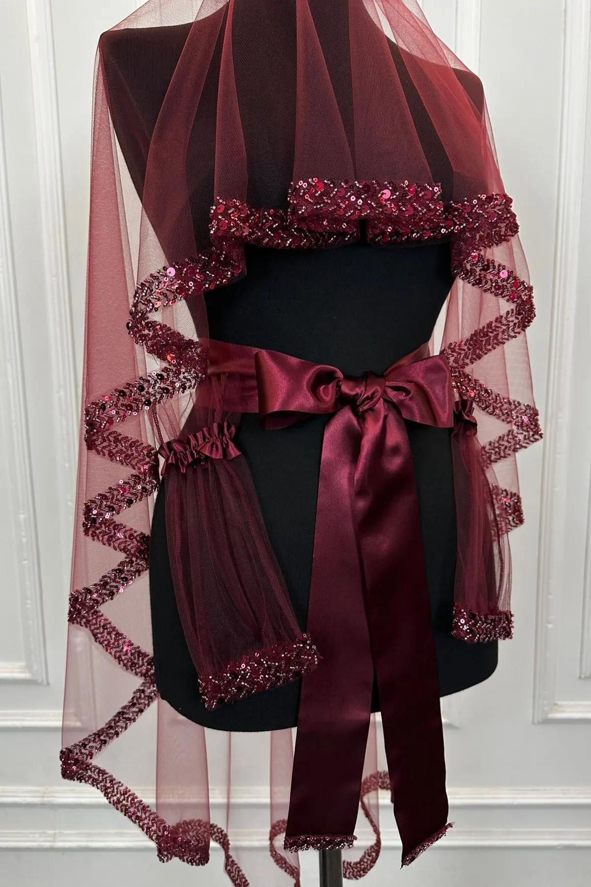 Bordo Zarif Gelin Duvak Seti, Su Taşlı Kına Duvağı Seti 6 Parça, Pul Payet