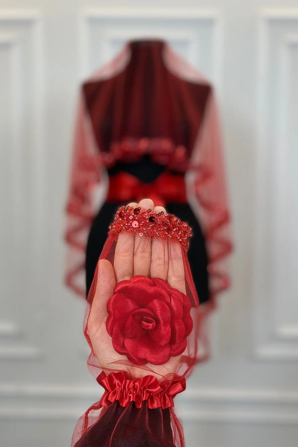 Kırmızı Zarif Gelin Duvak Seti, Su Taşlı Kına Duvağı Seti 6 Parça