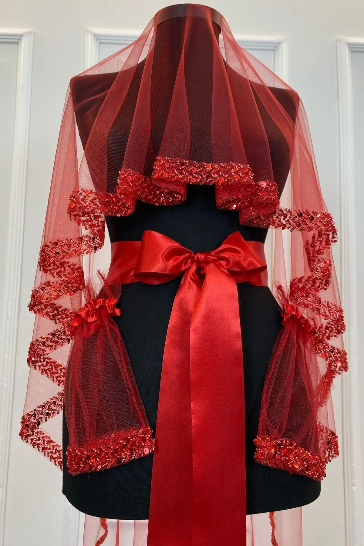 Kırmızı Zarif Gelin Duvak Seti, Su Taşlı Kına Duvağı Seti 6 Parça