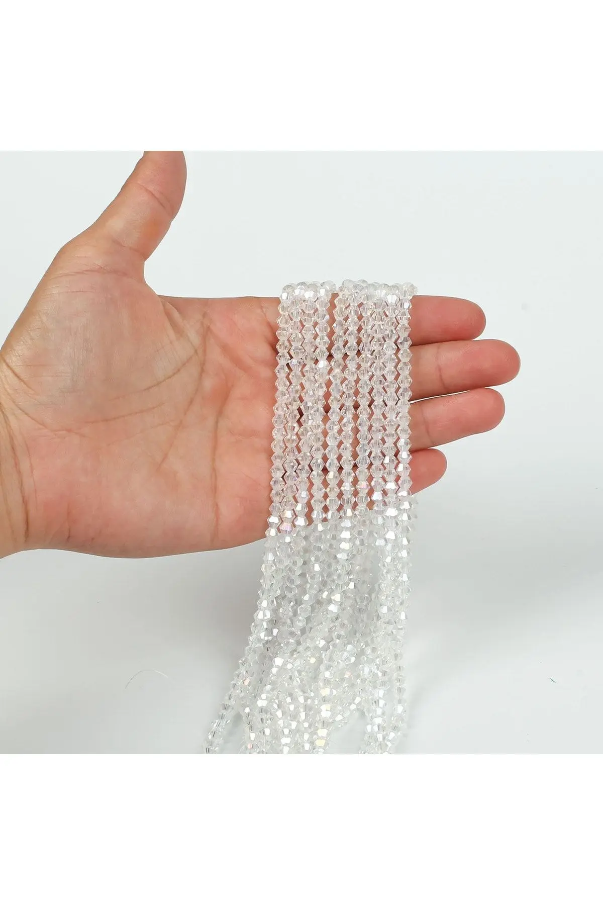 1 DİZİ (40 cm- 90-95 Adet)- 4 mm PİRAMİT KRİSTAL CAM BONCUK, ŞEFFAF AZ JANJAN BONCUK DİZİSİ