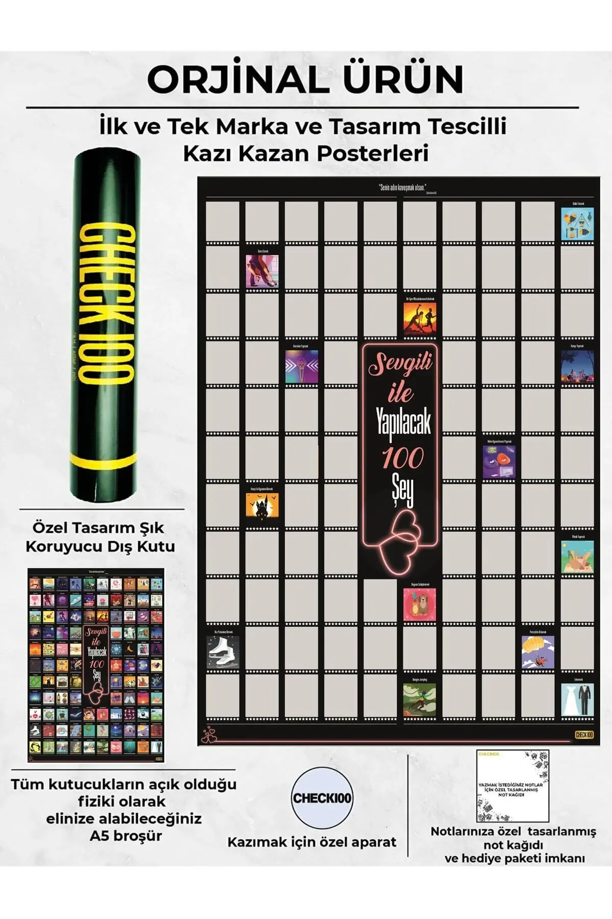 Sevgili Ile Yapılacak 100 Şey Kazıkazan Poster, Sevgiliye Hediye, Kazınabilir Poster, Hediyelik
