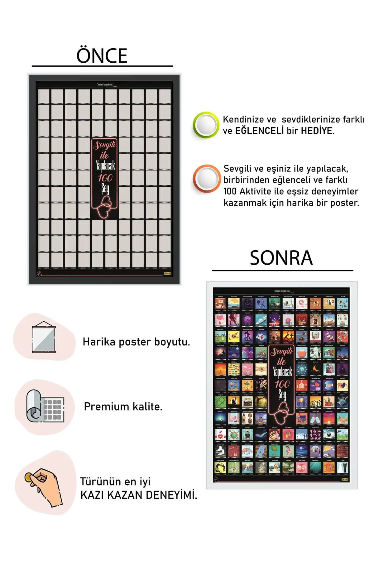 Sevgili Ile Yapılacak 100 Şey Kazıkazan Poster, Sevgiliye Hediye, Kazınabilir Poster, Hediyelik