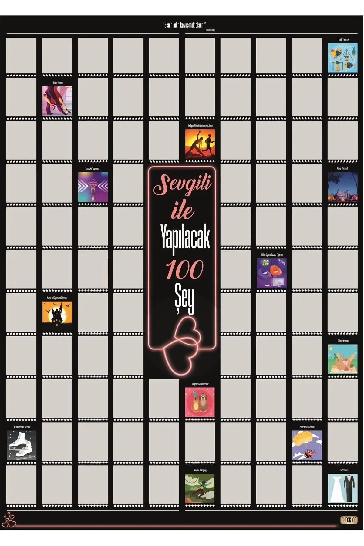 Sevgili Ile Yapılacak 100 Şey Kazıkazan Poster, Sevgiliye Hediye, Kazınabilir Poster, Hediyelik