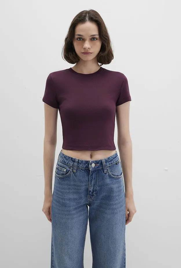 Mavi Bordo Basic Crop Tişört Crop / Kısa Kesim 1600814-70434