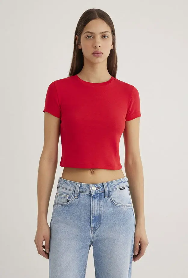 Mavi Kırmızı Basic Tişört Crop / Kısa Kesim 1600814-70467