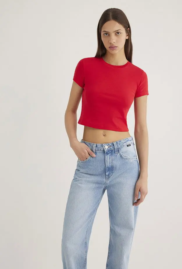 Mavi Kırmızı Basic Tişört Crop / Kısa Kesim 1600814-70467