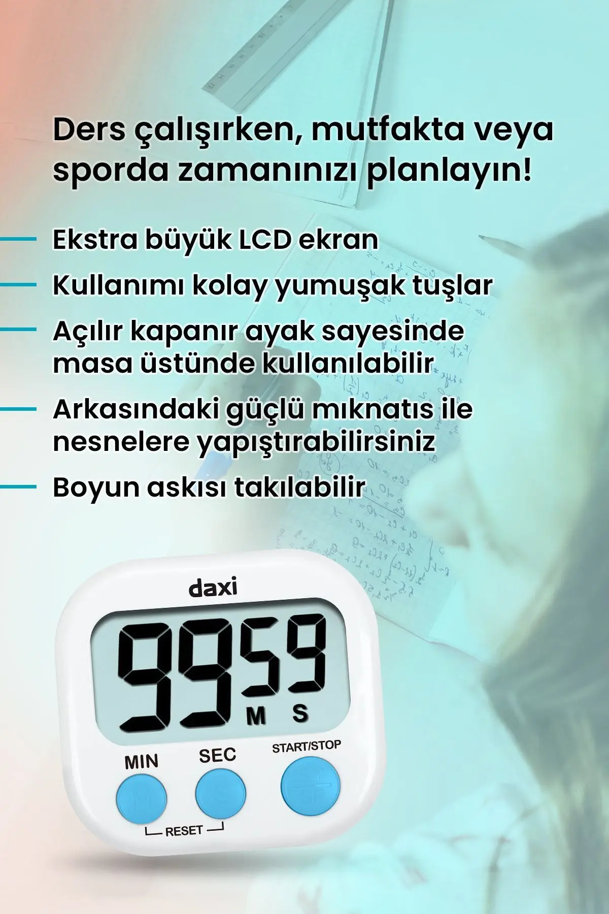 Tx-100 Alarmlı Dijital Zamanlayıcı Kronometre, Geri Sayım Özellikli, Mıknatıslı, 100 Dk, 7.3 X 6.5cm