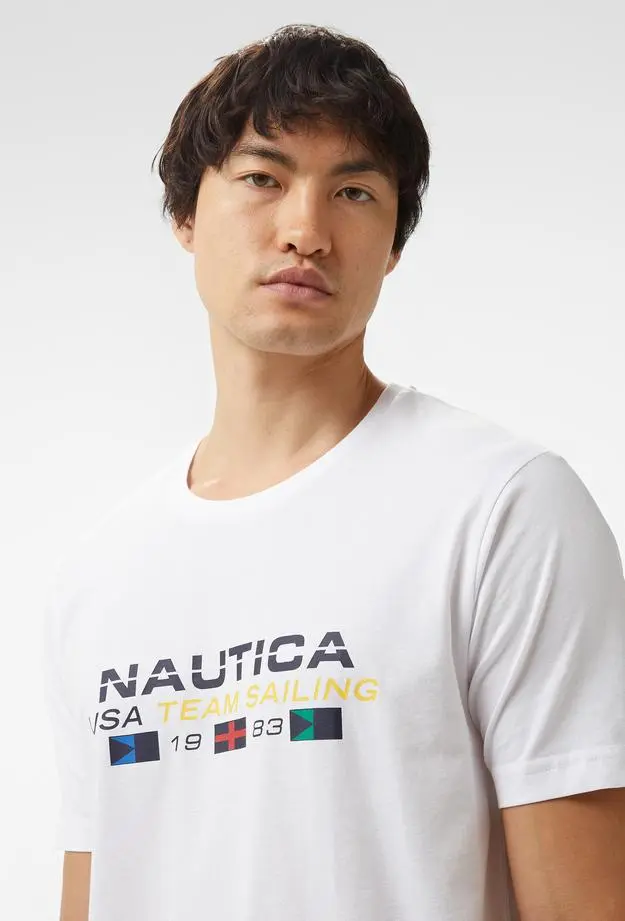 Nautica Erkek Beyaz Standart Fit Kısa Kollu Baskılı T-Shirt