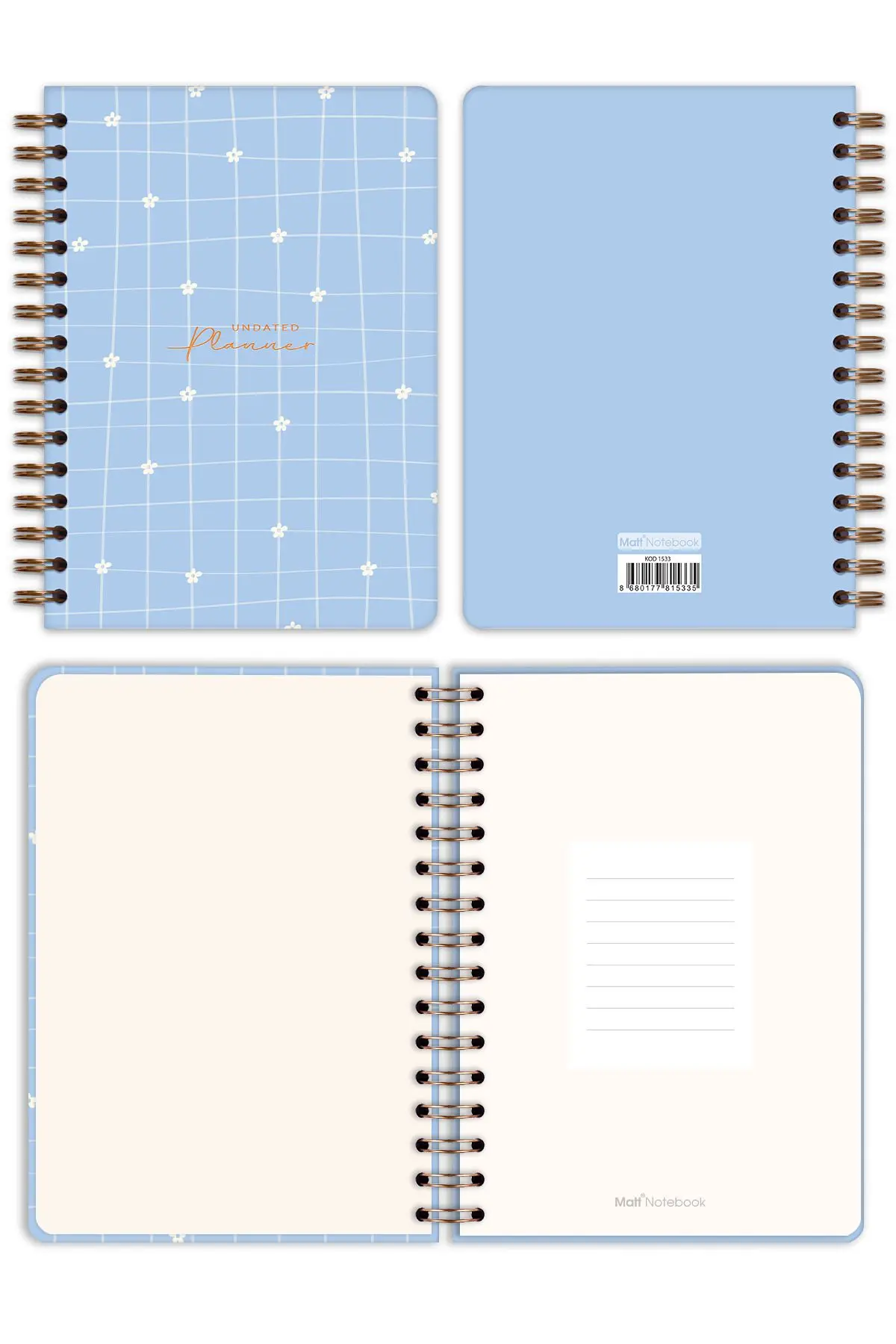 A5 Spiralli Süresiz Planlayıcı Ajanda Motivasyon Sayfalı Mavi Papatya