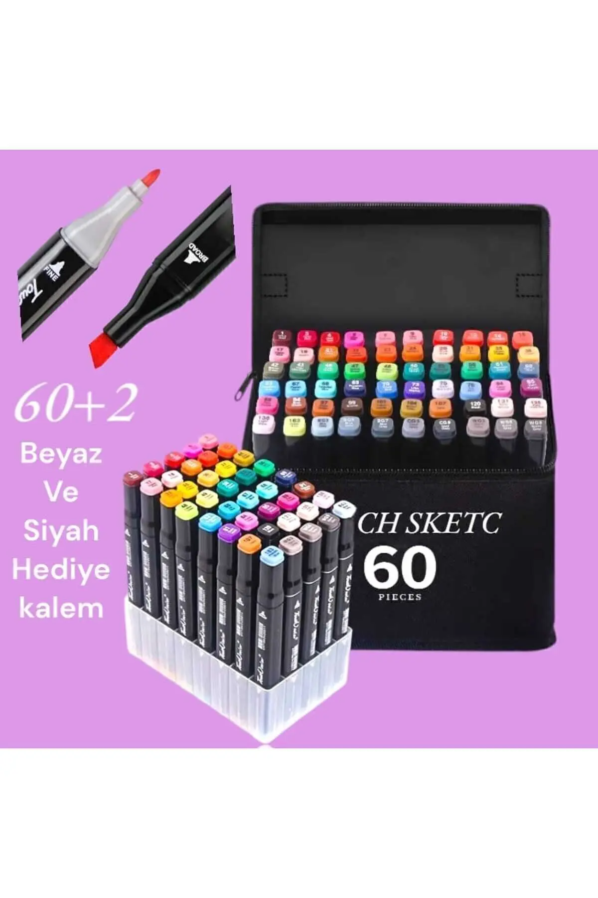 TOUCH SKETC 60'lı Çift Uçlu Profesyonel Marker Kalem Seti 2 Adet Hediye Kalem , Çanta Ve Standlı