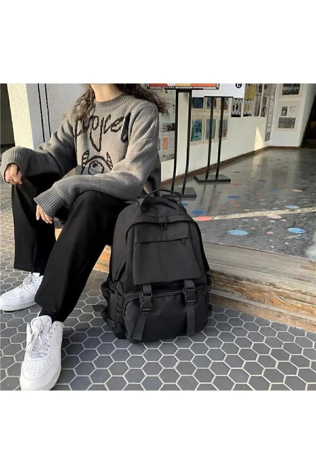 Siyah Büyük Geniş Palaska Sırt Okul Çantası Ve Laptop Çantası