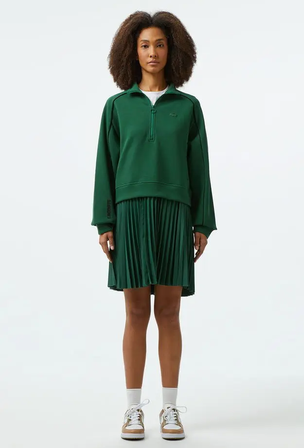 Lacoste Kadın Flare Fit Uzun Kollu Fermuarlı Yaka Koyu Yeşil Elbise