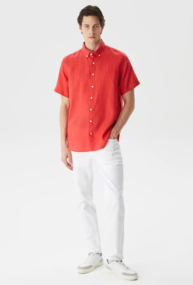 Nautica Erkek Turuncu Classic Fit Kısa Kollu Keten Gömlek