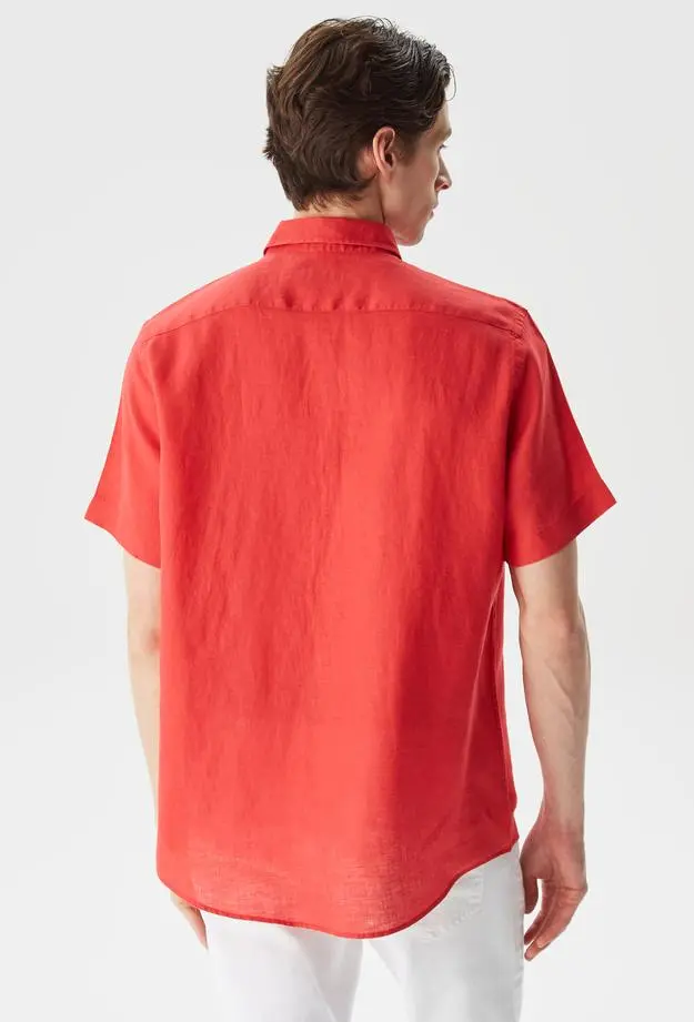 Nautica Erkek Turuncu Classic Fit Kısa Kollu Keten Gömlek