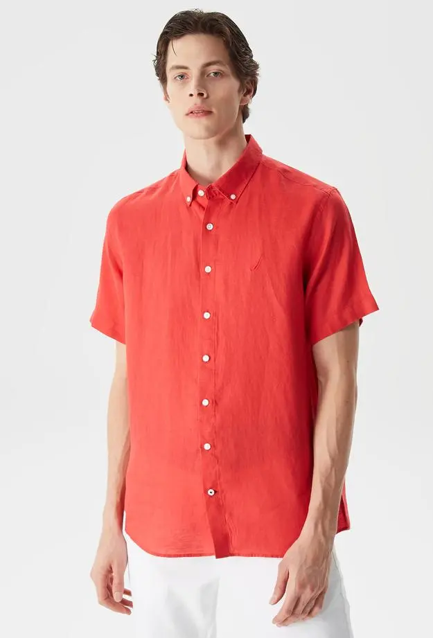 Nautica Nautica Erkek Turuncu Classic Fit Kısa Kollu Keten Gömlek