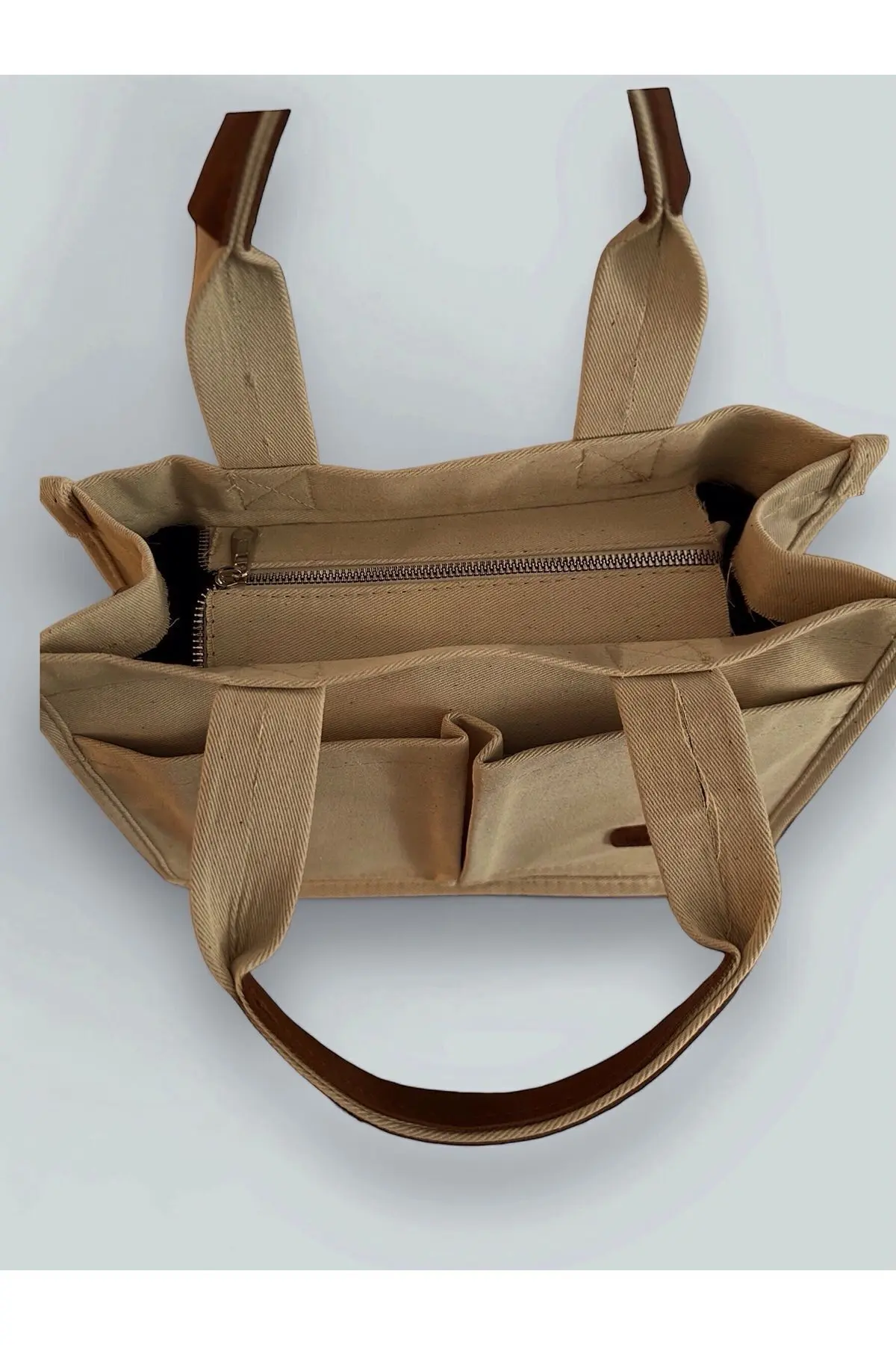 Kadın Kanvas Kumaş Bej Renk İki Adet Ön Cepli Tote Bag El Ve Omuz Çantası