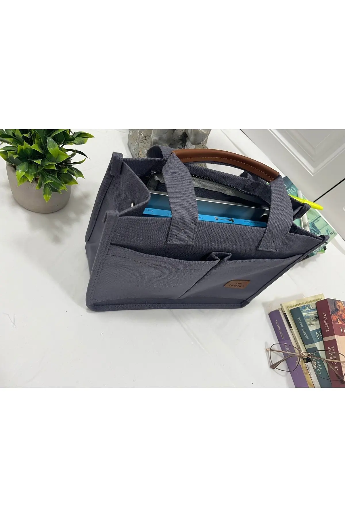 Kadın Kanvas Kumaş Gri Renk İki Adet Ön Cepli Tote Bag El Ve Omuz Çantası