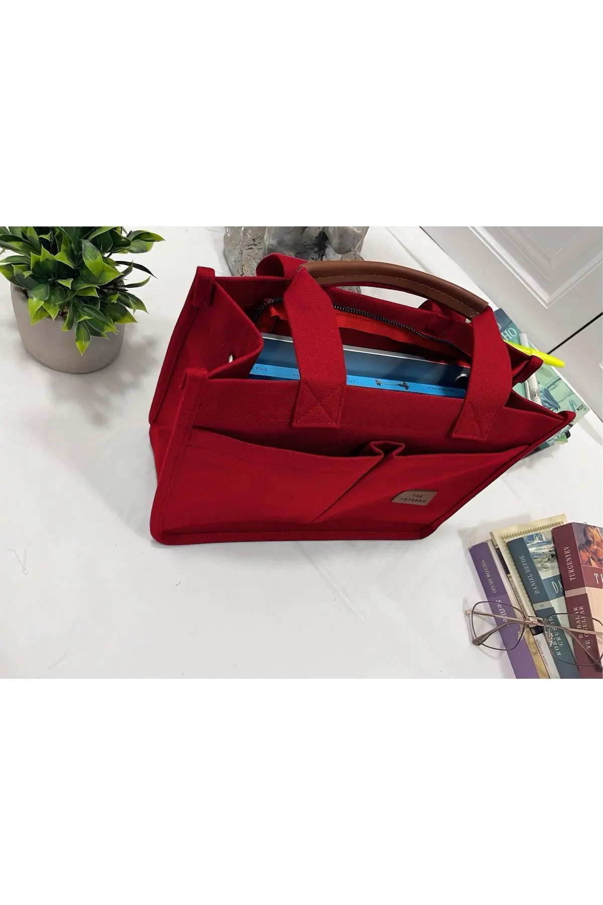 Kadın Kanvas Kumaş Kırmızı Renk İki Adet Ön Cepli Tote Bag El Ve Omuz Çantası