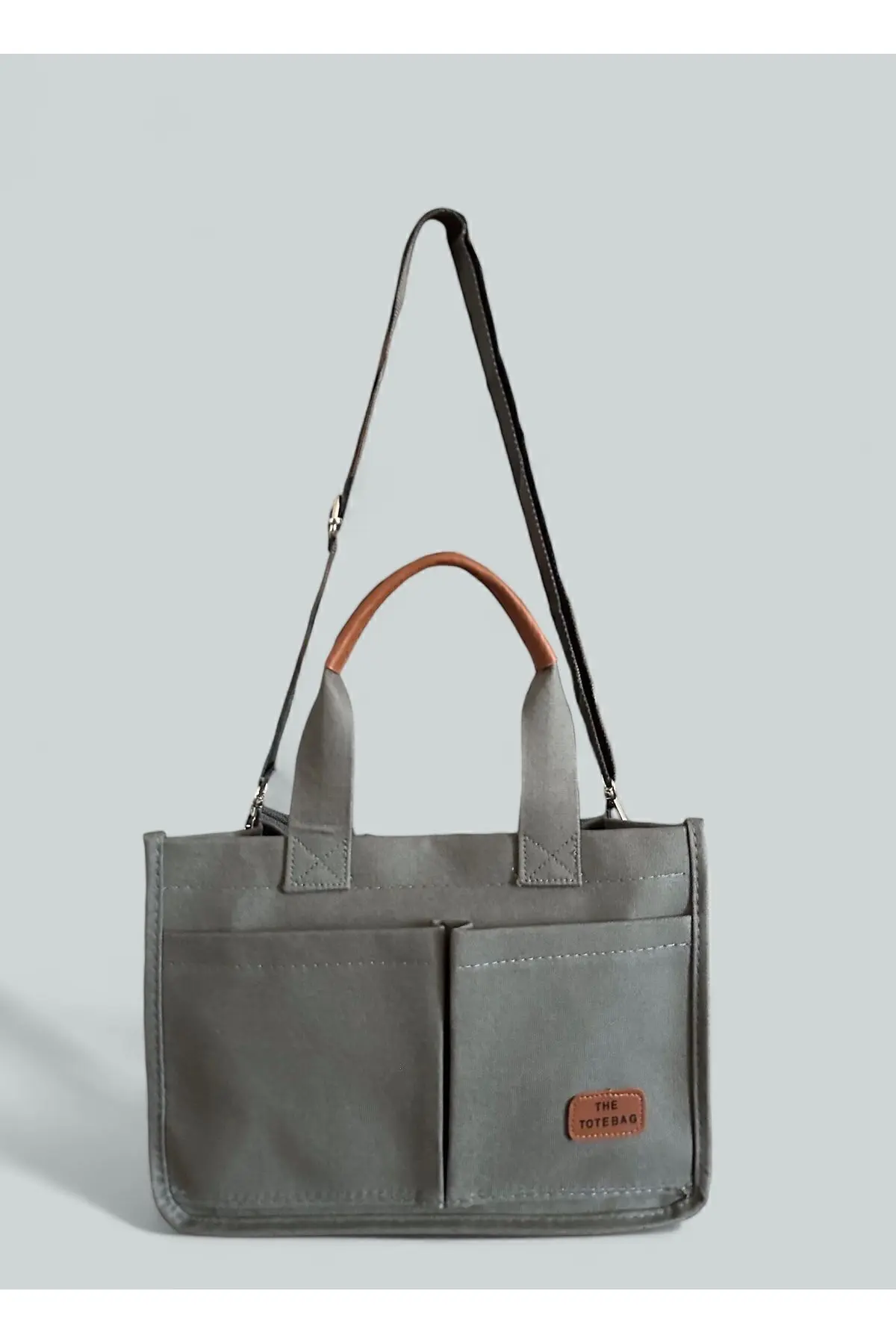 Kadın Kanvas Kumaş Gri Renk İki Adet Ön Cepli Tote Bag El Ve Omuz Çantası