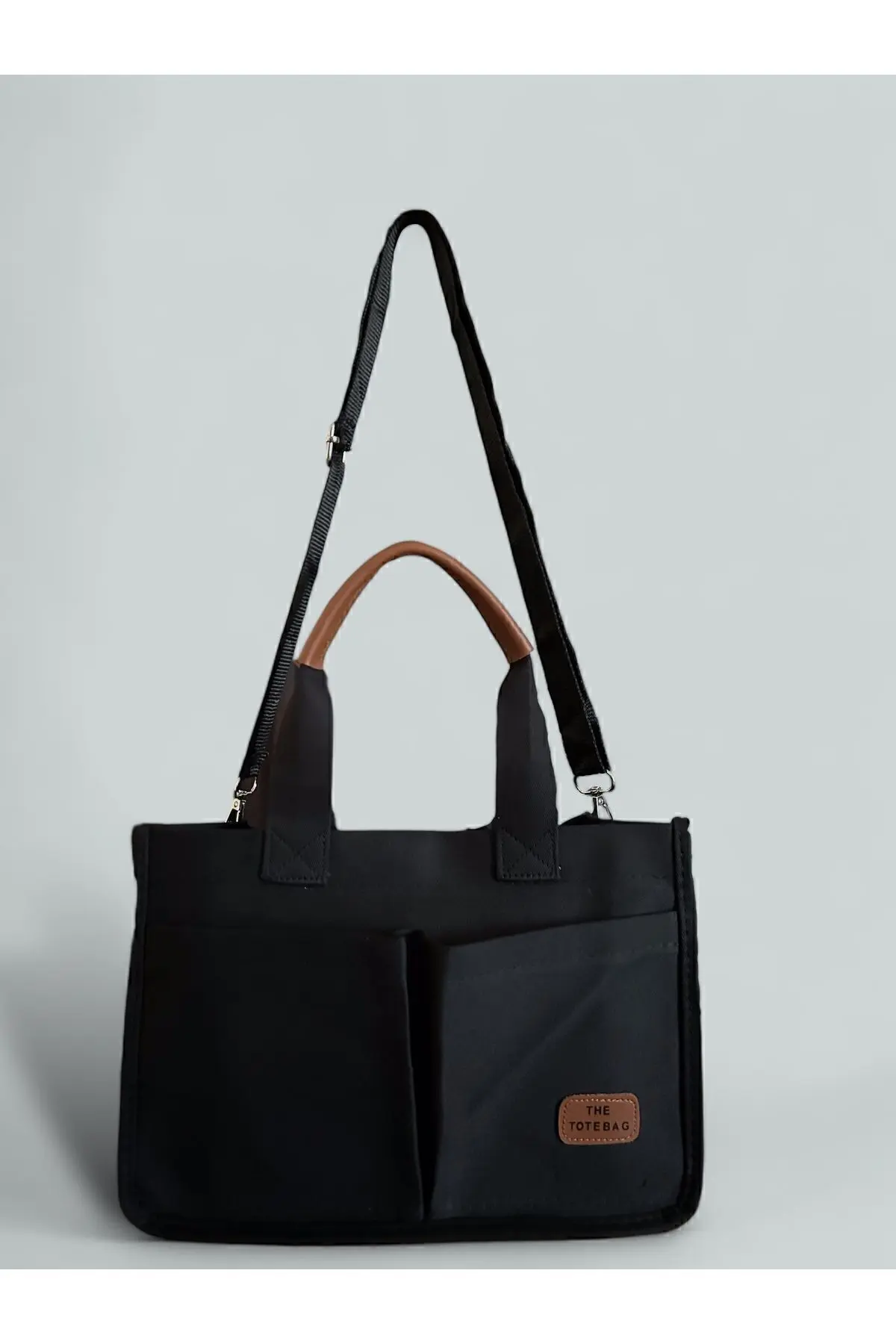 Kadın Kanvas Kumaş Siyah Renk İki Adet Ön Cepli Tote Bag El Ve Omuz Çantası
