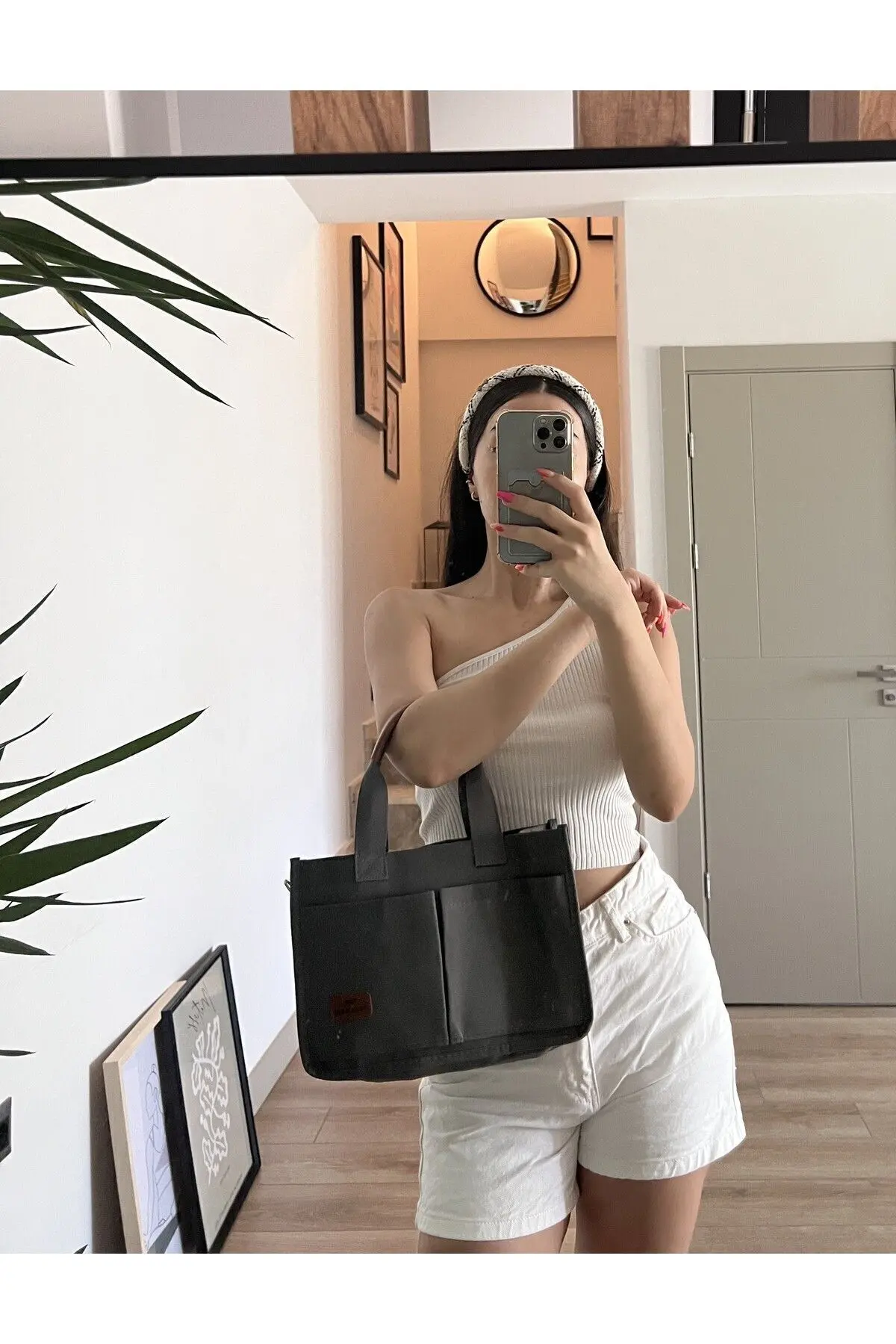 Kadın Kanvas Kumaş Gri Renk İki Adet Ön Cepli Tote Bag El Ve Omuz Çantası