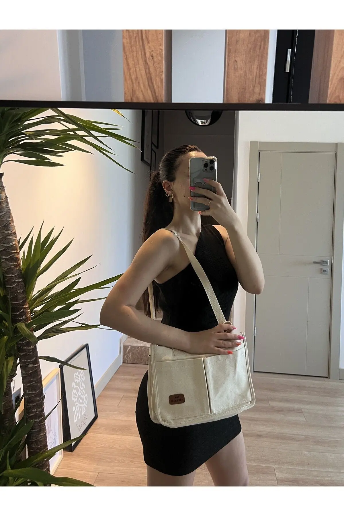 Kadın Kanvas Kumaş Krem Renk İki Adet Ön Cepli Tote Bag El Ve Omuz Çantası