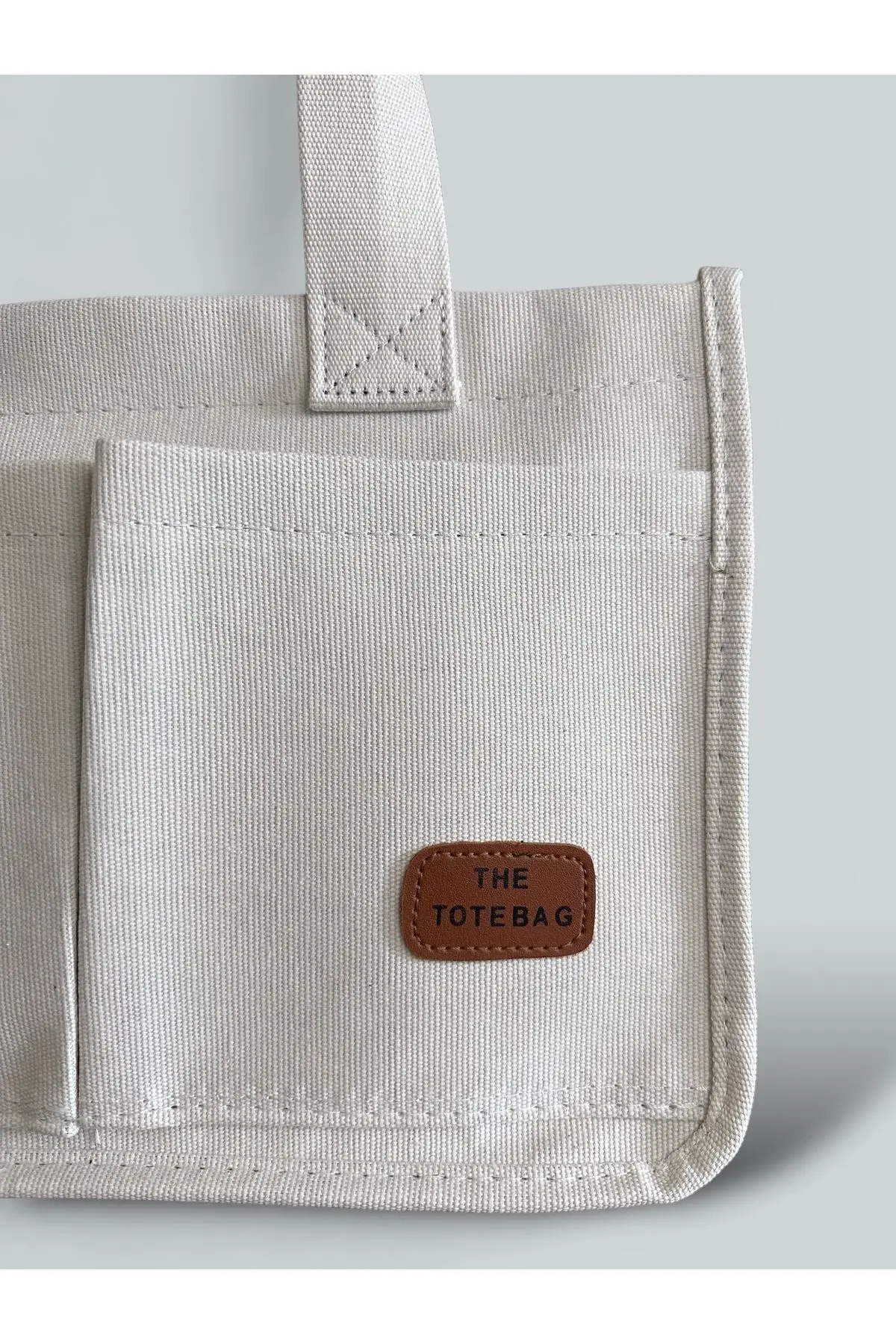 Kadın Kanvas Kumaş Beyaz Renk İki Adet Ön Cepli Tote Bag El Ve Omuz Çantası