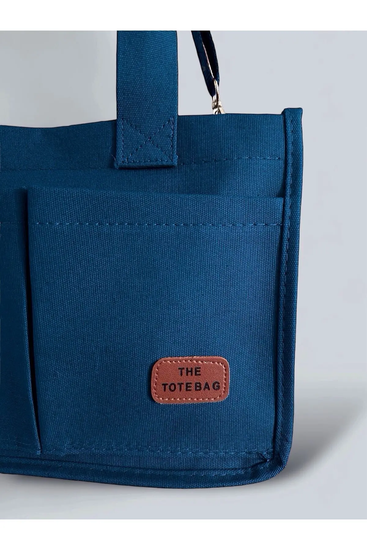 Kadın Kanvas Kumaş Mavi Renk İki Adet Ön Cepli Tote Bag El Ve Omuz Çantası