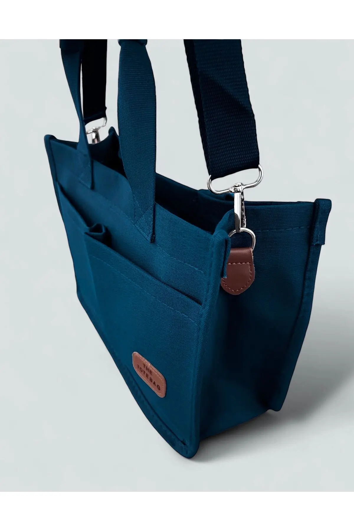 Kadın Kanvas Kumaş Mavi Renk İki Adet Ön Cepli Tote Bag El Ve Omuz Çantası