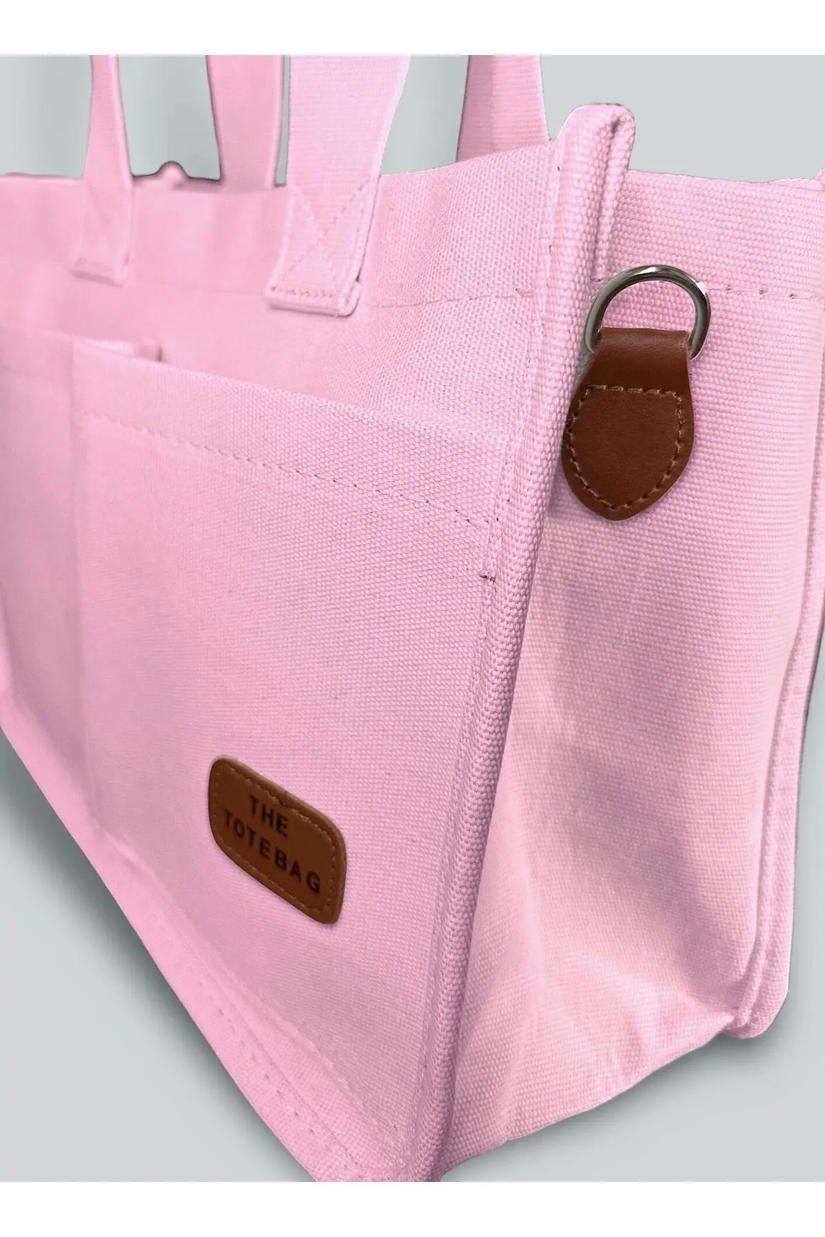 Kadın Kanvas Kumaş Pembe Renk İki Adet Ön Cepli Tote Bag El Ve Omuz Çantası