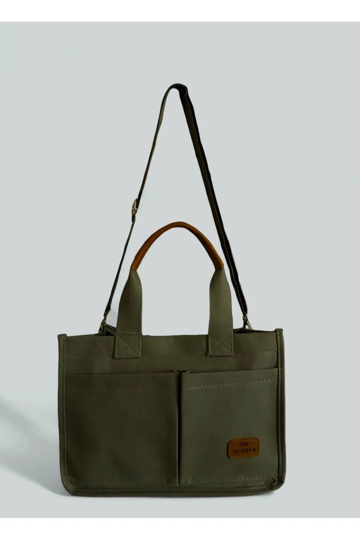 Kadın Kanvas Kumaş Koyu Yeşil Renk İki Adet Ön Cepli Tote Bag El Ve Omuz Çantası