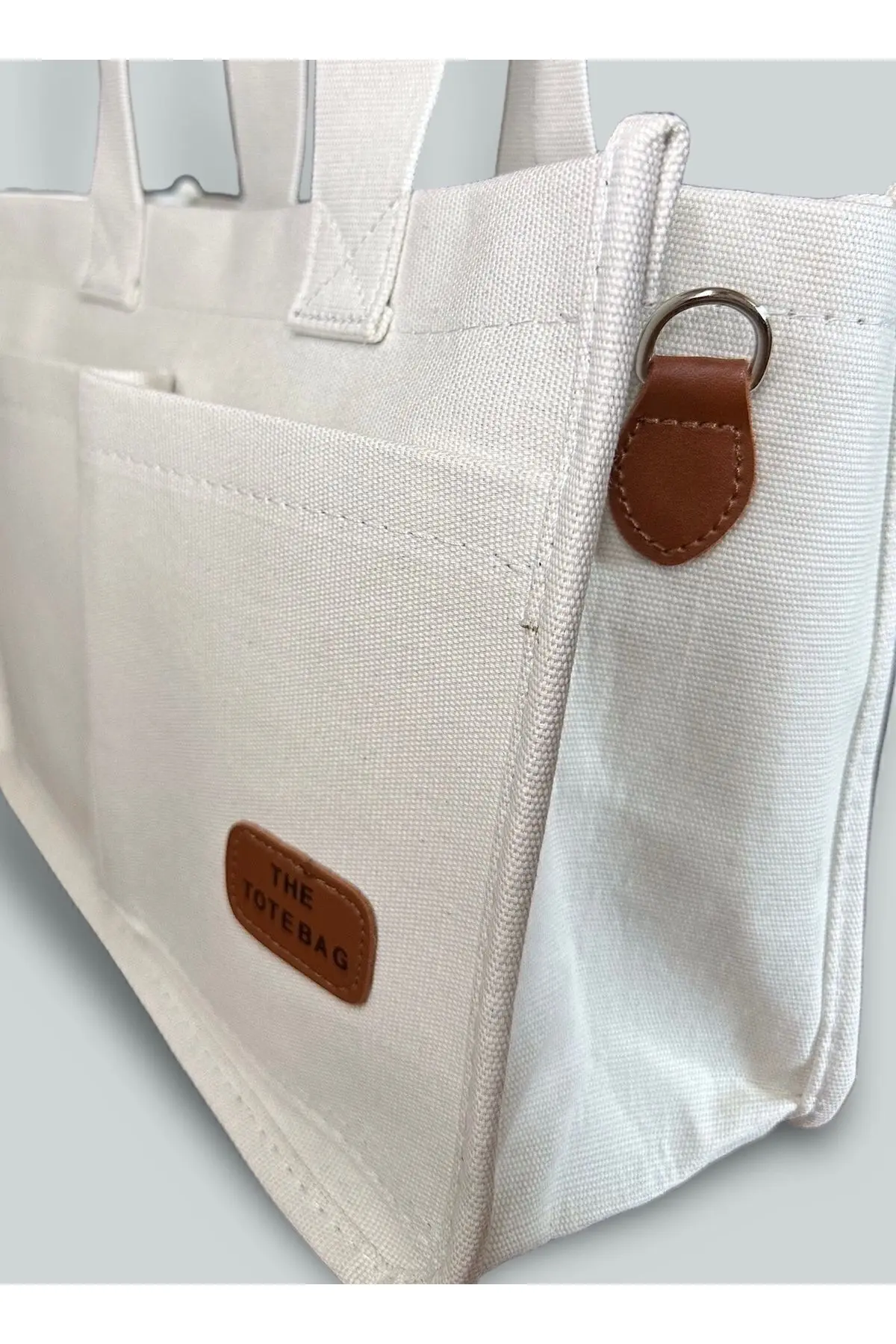 Kadın Kanvas Kumaş Beyaz Renk İki Adet Ön Cepli Tote Bag El Ve Omuz Çantası